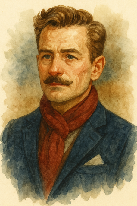 Porträt eines Mannes mit Schnurrbart, in einem Anzug und rotem Schal.