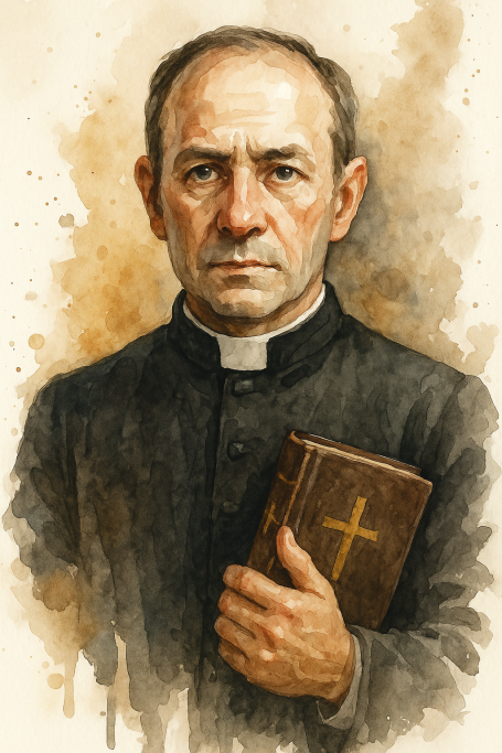 Ein ernster Priester hält eine Bibel mit einem Kreuz in der Hand, vor einem hellen Hintergrund.