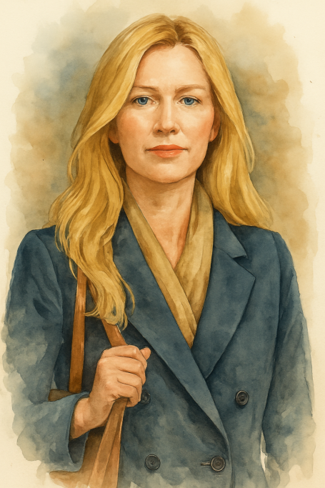 Porträt einer Frau mit blonden Haaren, blauer Jacke und brauner Tasche, neutraler Ausdruck.