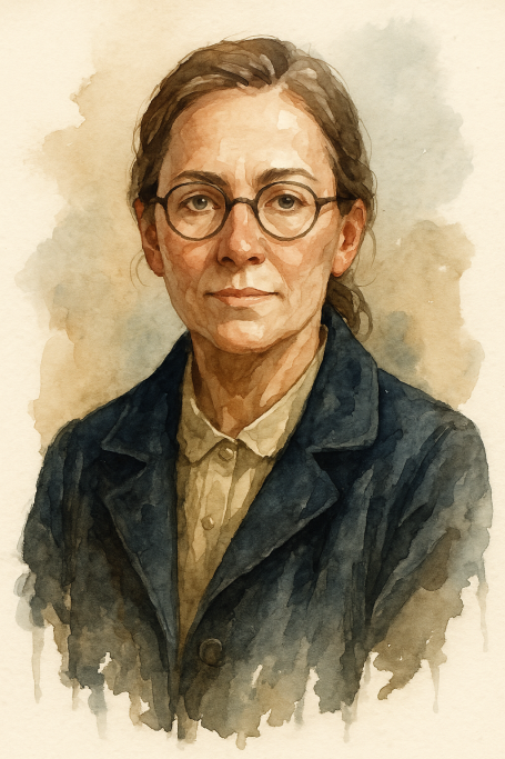 Porträt einer Frau mit Brille, lächelnd, in einem dunkelblauen Mantel. Weicher Hintergrund.