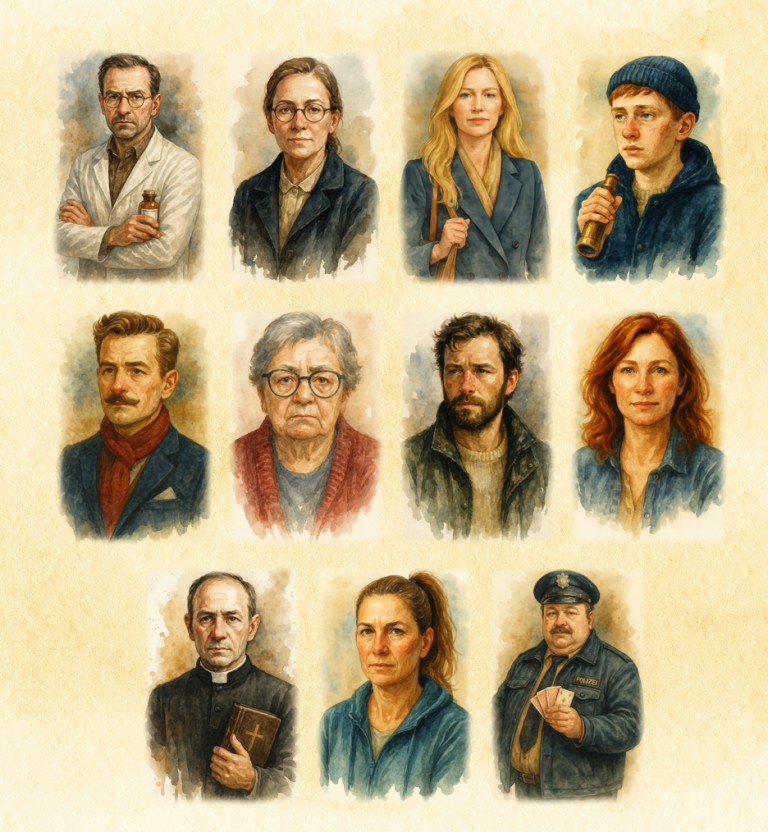 Bunte Zeichnungen von Tieren: Hund, Katze, Fuchs, Schaf, Kuh, Pferd, Ziege, Rabe und Maus.