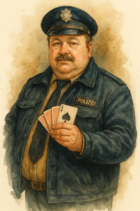 Ein Polizist in Uniform hält vier Spielkarten in der Hand.