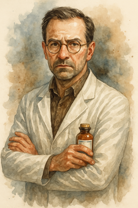 Älterer Arzt mit Brille in Weißem Kittel, hält ein Medikamentenfläschchen.