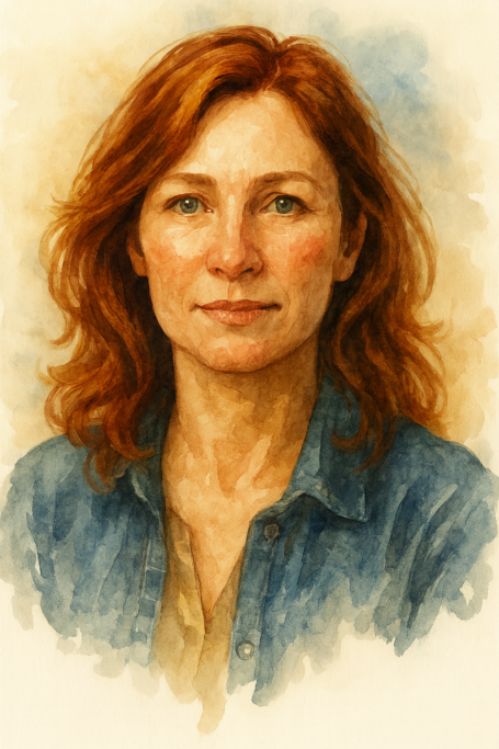 Porträt einer Frau mit roten, lockigen Haaren und freundlichem Ausdruck.